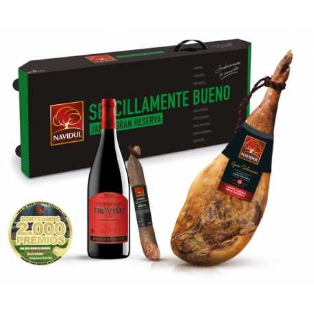 Lote NAVIDUL Jamón Gran Reserva pieza de 7,5 a 8Kgs. + Chorizo Cular + Vino DO Rioja + Estuche lote
